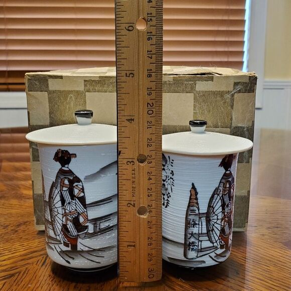 Vintage Japanese Kyoto Geisha Husband and Wife Boxed Lidded Tea Cups - Picture 15 of 15